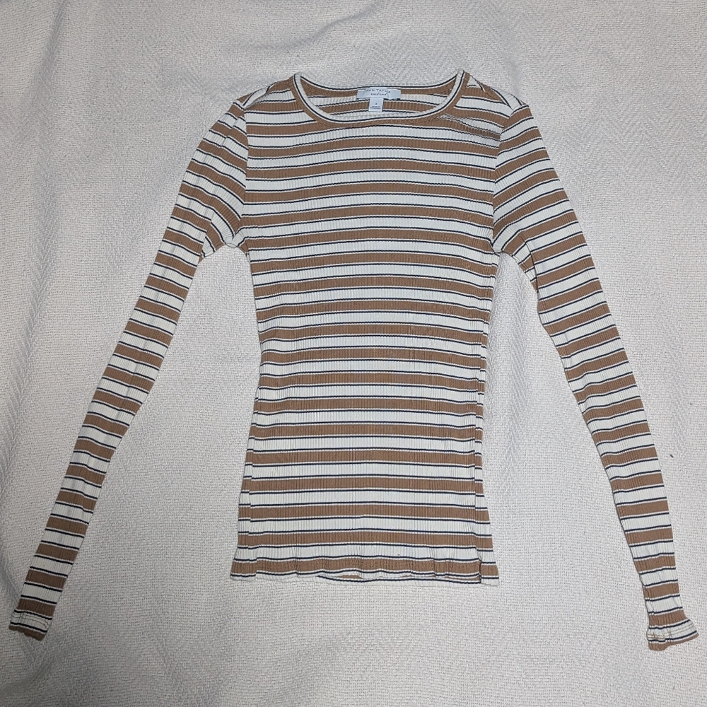 Ann Taylor Tan and White Striped Top
